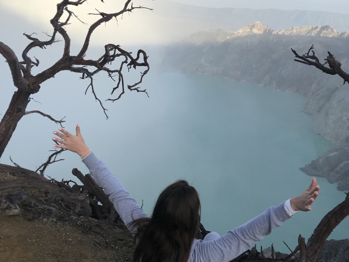 Katerina Valkova overlooking a volcanic lake